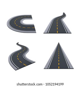 Various types of asphalted roads, track, highways, car roads with bends, ascents, turns. Concept of travel, trip. Vector illustration.