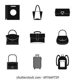 Various types of bags icon set. Simple style set of 9 various types of bags vector icons for web isolated on white background