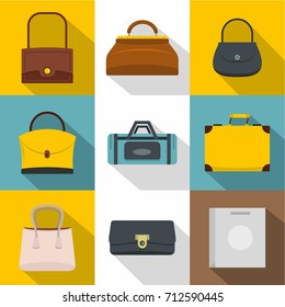 Various types of bags icon set. Flat style set of 9 various types of bags vector icons for web design