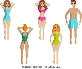 Varios tipos de trajes de baño de playa demostrados en hermosos modelos masculinos y femeninos aislados