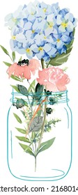 Various types of beautiful flowers arranged in jars and vases. on a white background