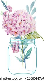 Various types of beautiful flowers arranged in jars and vases. on a white background