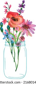 Various types of beautiful flowers arranged in jars and vases. on a white background