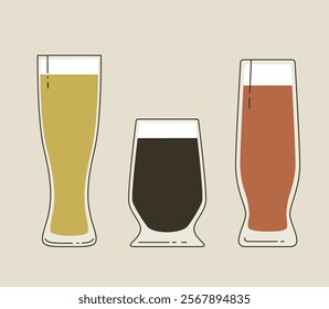 Various types of beer glasses. Beer glassware set. Craft brewery or oktoberfest graphic. Beer festival or drinks concept. Vector flat illustration design isolated. 