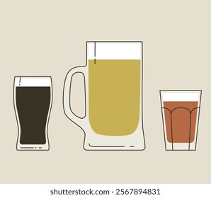 Various types of beer glasses and mug. Beer glassware set. Craft brewery or oktoberfest graphic. Beer festival or drinks concept. Vector flat illustration design isolated. 