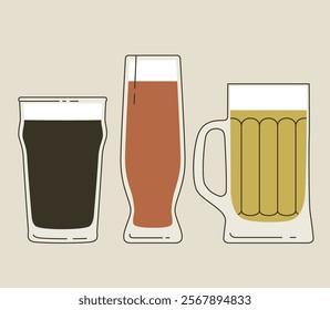 Various types of beer glasses and mug. Beer glassware set. Craft brewery or oktoberfest graphic. Beer festival or drinks concept. Vector flat illustration design isolated. 