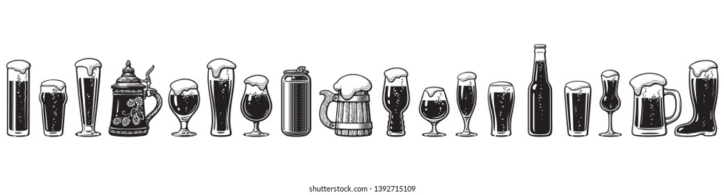 Various types of beer glasses and mugs. Seamless border. Hand drawn engraving style vector illustration isolated on white background. Design elements for brewery, beer festival, bar, pub decoration.