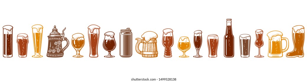 Various types of beer glasses and mugs. Seamless border. Hand drawn engraving style vector illustration isolated on white background. Design elements for brewery, beer festival, bar, pub decoration.