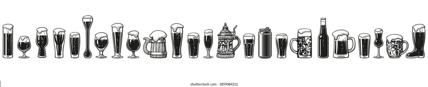 Various types of beer glasses and mugs. Seamless border. Hand drawn engraving style vector illustration isolated on white background. Design elements for brewery, beer festival, bar, pub decoration.