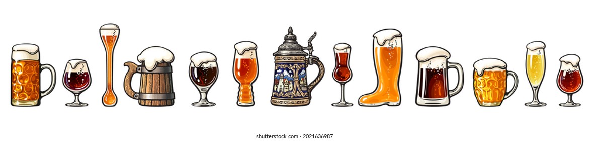 Various types of beer glasses and mugs. Seamless border. Hand drawn vector illustration isolated on white background. Design elements for brewery, beer festival, bar, pub decoration.