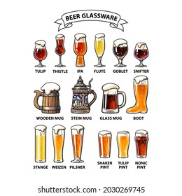 Various types of beer glasses and mugs. Beer glassware guide. Hand drawn vector illustration isolated on white background.