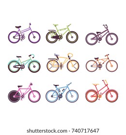 Various types of bikes set, colorful bicycles for male, female and kids vector Illustrations