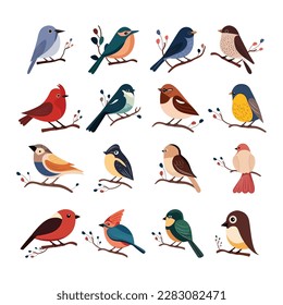 Varios Tipos De Aves Sentadas En El Juego De Icono De Rama Floral.