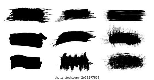 Diversos tipos de trazos de pintura negra dispuestos en un patrón de cuadrícula que muestra diferentes texturas y estilos.