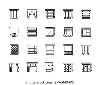 Various types of blinds line icons set. Simple symbols with curtains, mosquito nets, Japanese jalousie and remote control. Outline hand drawn vector illustration collection isolated on background