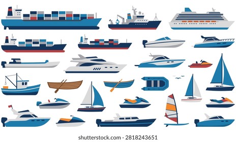 Various types of boats like cargo ships, yachts, sailboats, and jet skis. Water transportation and maritime vessels.