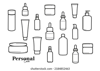 Various types of bottles and jars which are usually used for personal care products such as toner, face serum, face cream, lotion, shower gel, shampoo, etc.