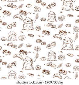 Various types of bread in a playful fashionable modern style, including curasans, buns, flour, ear, grain. Set of hand drawn bakery products isolated on white background. Stock vector.