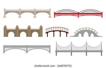 Various Types of Bridges Made of Concrete and Metal Isolated on White Background Vector Set