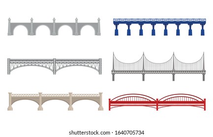 Various Types of Bridges Made of Concrete and Metal Isolated on White Background Vector Set