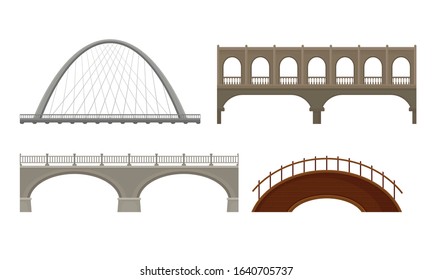 Various Types of Bridges Made of Concrete and Metal Isolated on White Background Vector Set