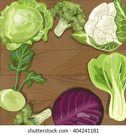 Various types of cabbage on wooden background. Green, purple, broccoli,  cauliflower, kohlrabi,  bok choy. Vector illustration EPS 10