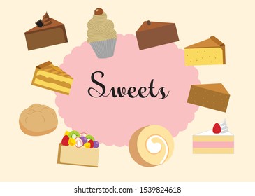 Various types of cakes dance around the letters that are labeled sweets