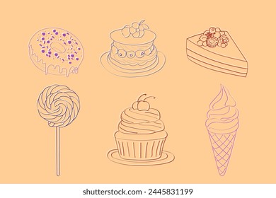 Various types of cakes and desserts, including cupcakes, pies, tarts, pastries, and more. Each dessert is uniquely depicted with intricate details and vibrant colors