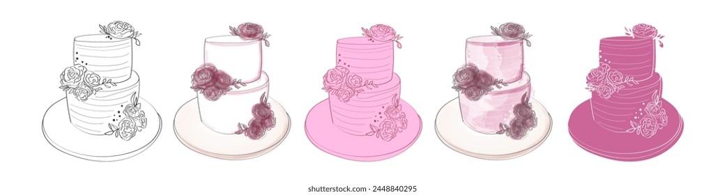 Various types of cakes are displayed on a clean white background. The cakes vary in flavors, shapes, and decorations, creating a visually appealing array of sweet treats