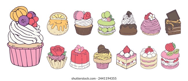 Varios tipos de pasteles en la línea, hermoso esquema de postre Ilustración. Comida Doodle pintada a mano. Colección de pastel dulce. Perfecto para el negocio de alimentos, patrones en varios productos y muchos otros.