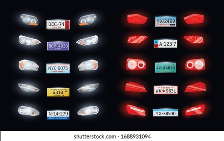 Various types car auto headlights taillights vehicle registration licence number plates realistic set black background vector illustration 
