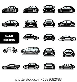 Various Types of Car Icon In Black And White Color.