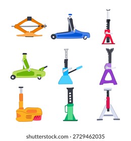 Various types of car jacks and stands creating a collection of essential tools for automobile maintenance, roadside assistance, and mechanical workshop operations