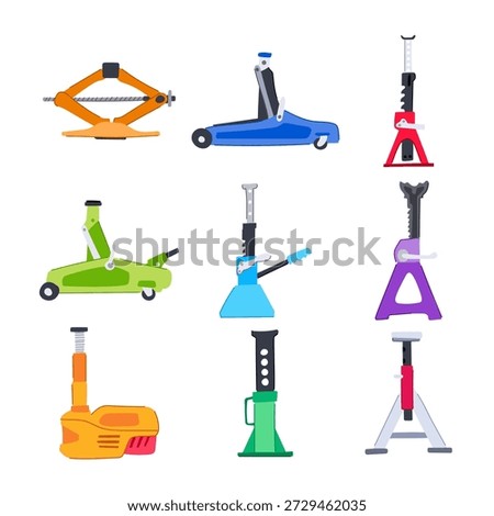 Various types of car jacks and stands creating a collection of essential tools for automobile maintenance, roadside assistance, and mechanical workshop operations