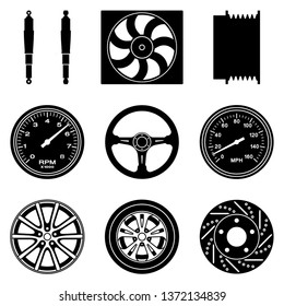 Various types of car parts. Silhouette vector icons