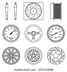 Various types of car parts. Thin line vector icons