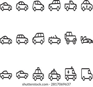Various types of car and vehicle icons with automobile transportation transport convertible ambulance electric automotive emergency motorist