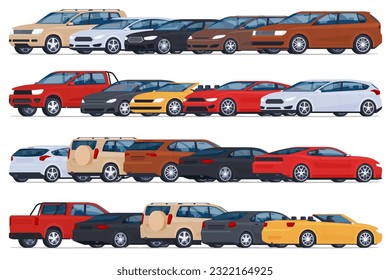 Various types of cars, city, SUV, sports, are parked in a row. Transport for convenient and safe movement on the streets between cities and trips. Vector illustration