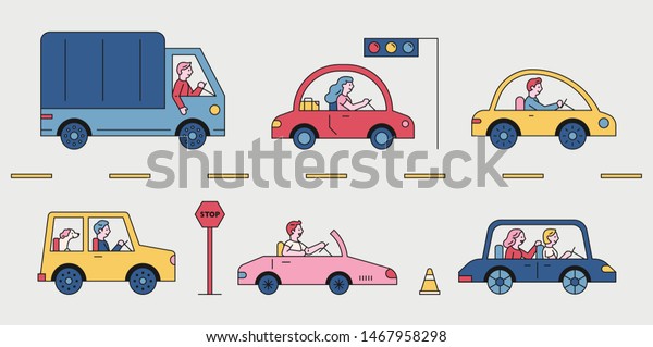 Various types of cars are running on\
the road. flat design style minimal vector\
illustration.