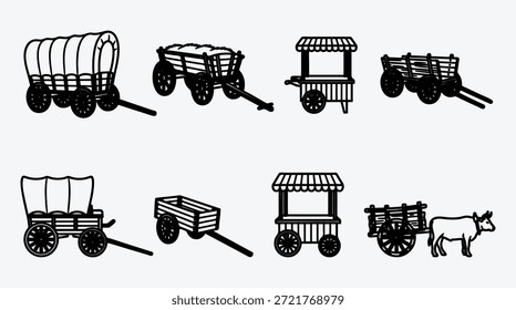 Varios tipos de Carritos y vagones con ruedas y un toro