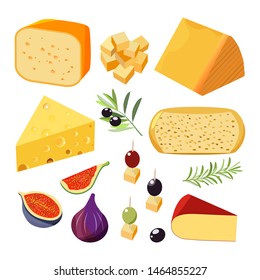 Various types of cheese with figs, canapes and olives on rustic wooden board. Vector set of realistic  dairy products. Isolated  collection cheese pieces and Slices used for restaurant menu.
