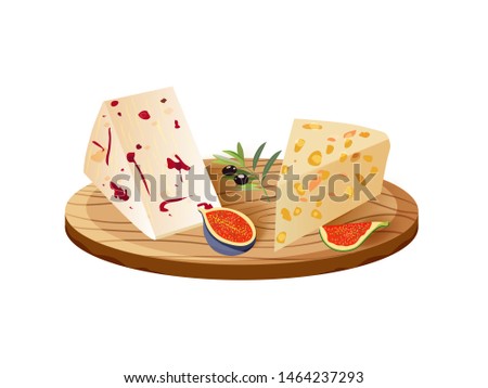 Various types of cheese with figs and olives on rustic wooden board. Vector set of realistic  dairy products.Isolated  collection cheese pieces  used for logo design, recipe book, advertising.