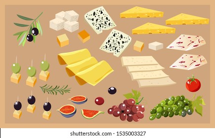 Various types of cheese on rustic wooden board. Vector set of realistic  dairy products. Isolated  collection cheese pieces and Slices used for restaurant menu.