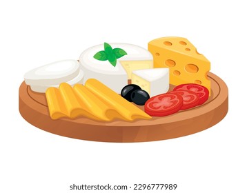 Various types of cheese on a wooden cutting board vector illustration. Cheese platter with camembert, emmental, mozzarella and sliced cheese icon isolated on a white background. Cheese board drawing