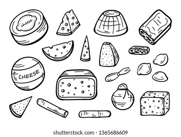 Various Types Of Cheese. Cheese Pieces And Slices Doodle Sketch Vector Set