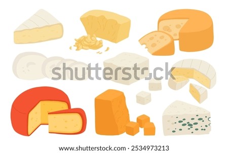 Various types of cheese set realistic vector illustration. Cottage cheeses collection isolated on white background. Curd product for design, recipe book, advertising or restaurant menu