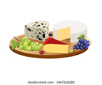 Various types of cheese with sheeses and grape on rustic wooden board. Vector set of realistic  dairy products.Isolated  collection cheese pieces  used for logo design, recipe book, advertising.