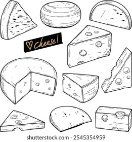 Varios tipos de queso cortado en trozos. Dibujado a mano boceto de tinta. Dibujo de trazo de estilo Antiguas. Conjunto de productos lácteos, Edam, parmesano, queso mozzarella. colección de la Ilustración vectorial