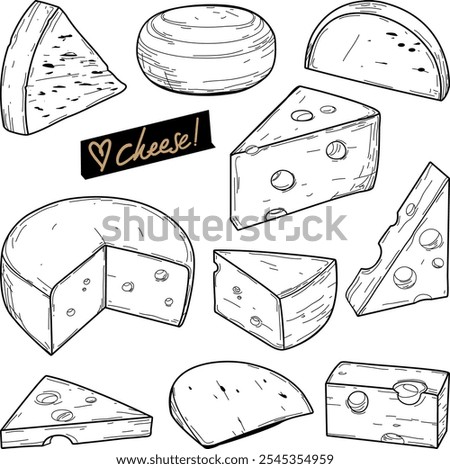 Various types of cheese sliced in pieces. Hand drawn ink sketch. Vintage style stroke drawing. Set of dairy products, Edam, parmesan, mozzarella cheese. Vector illustration collection