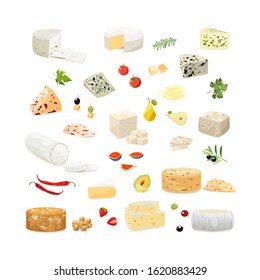 Various types of cheese with tomatoes, artichockes,parsley,olives,chili and herbs. Vector set of realistic  dairy products. Isolated  collection cheese pieces and Slices used for restaurant menu.